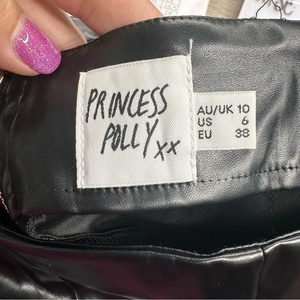 Princess Polly Black Faux Leather‎ Pleated Zip Up  High Waist Pants Size 6 - Picture 5 of 6